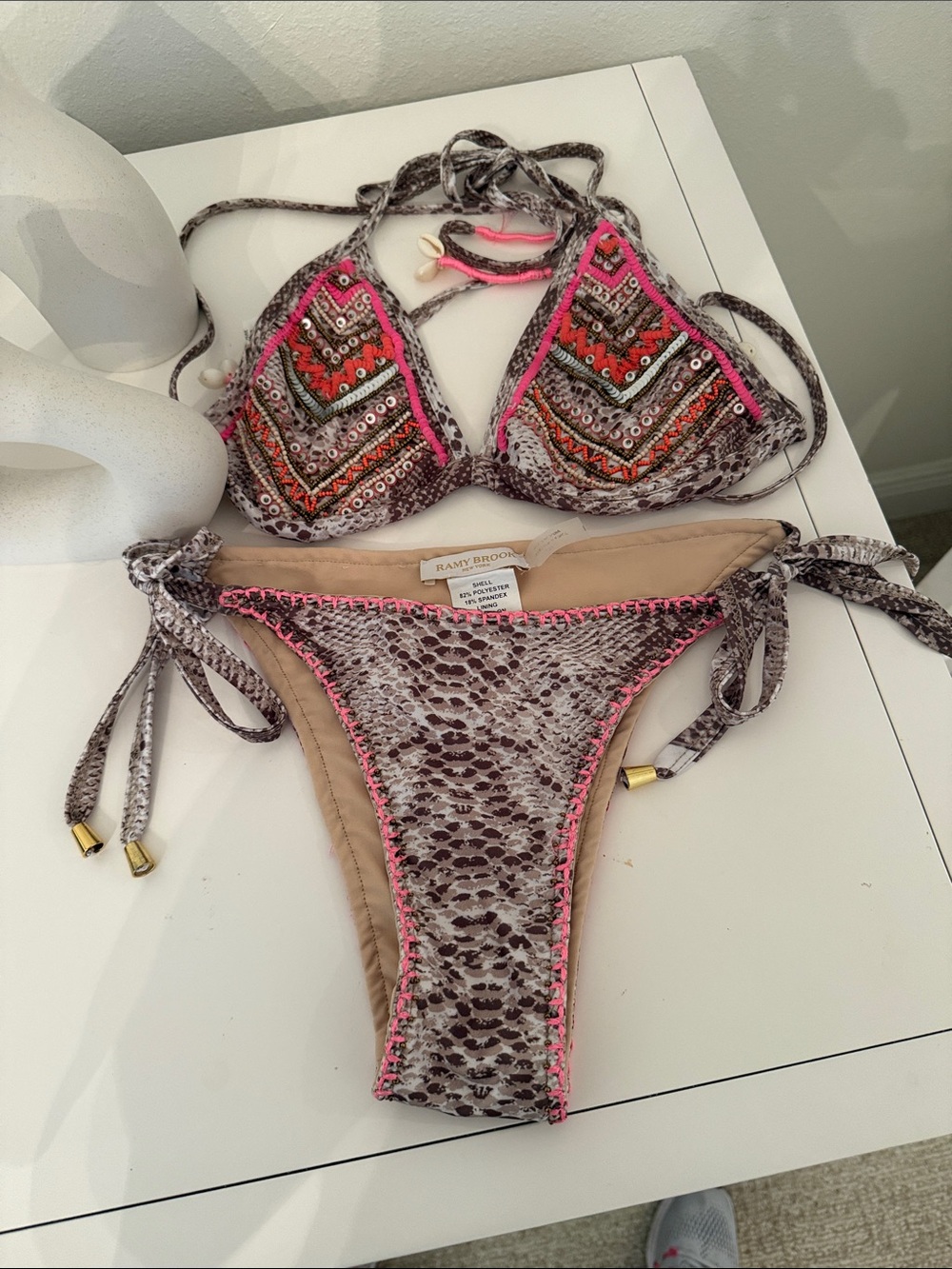 Ramy Brook Embellished Snake-Print Bikini Set with Neon Pink Trim